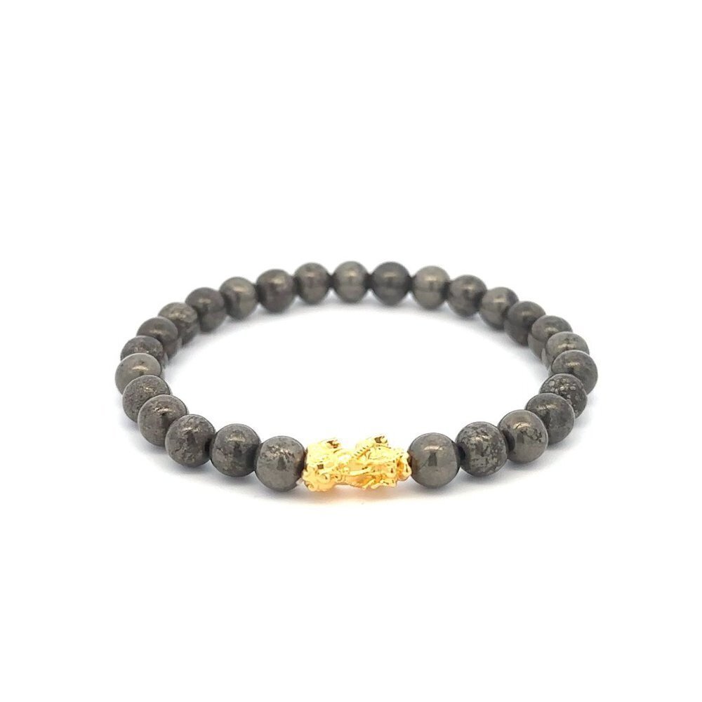 18K Gold Pixiu Piyao Bracelet Elastic Natural Gemstones Pyrite 6mm - Picture 1 of 5